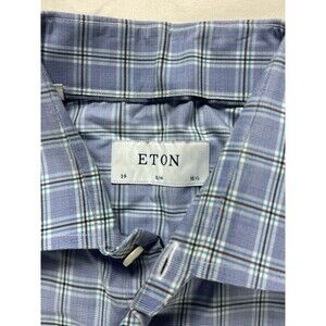 Eton Mens 39/15.5 Blue Turquoise Glen Check Long Sleeve Dress Shirt